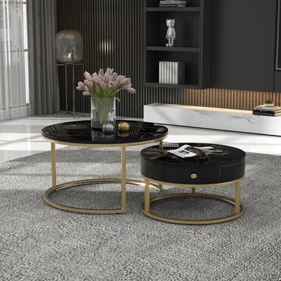 The Range Round Nesting Coffee Tables with Drawer, Storage and Gold Metal Frames - Black