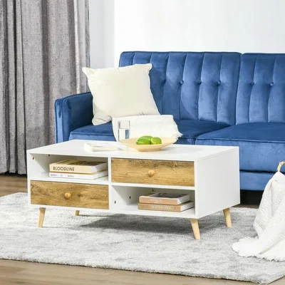 The Range Coffee Table Linving Room End Table with 2 Drawers - White and brown