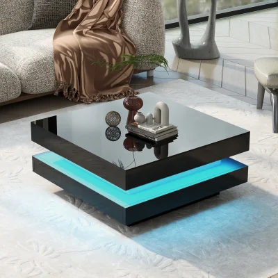 The Range Black Square High Gloss Coffee Table with 360° Rotating Top and LED Lights - Black