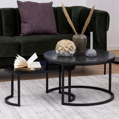 The Range Spiro Round/Oval Coffee Table Set with Black Marble/Smoked Melamine Glass Top - Black