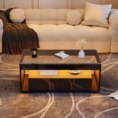 The Range High Gloss Black Coffee Table with Open Storage, Glass Top, 2 Drawers & LED Lights - Black