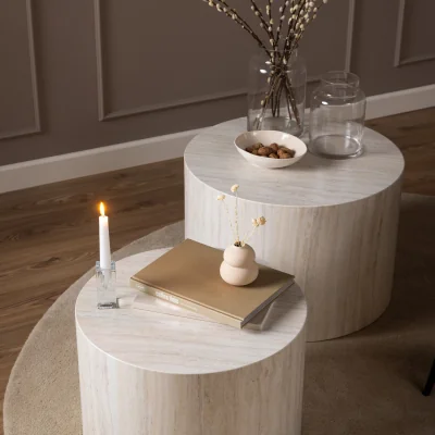 The Range Dice Round Coffee Table Set in Light Travertine Effect - Travertine