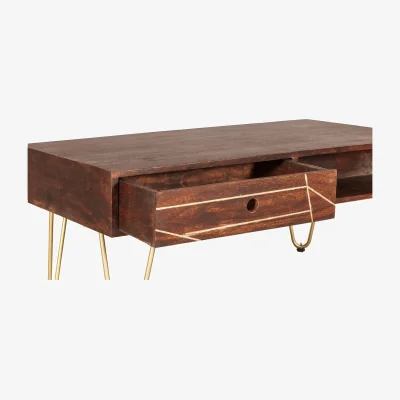 The Range Bandung Dark Mango Wood Coffee Table - Matt Finish, Gold Inlay, 2 Drawers, Open Shelf - Brown