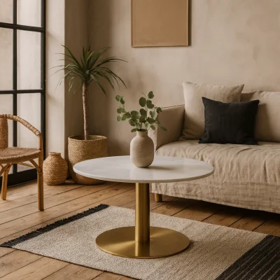 The Range Meadowbloom Round Coffee Table Polished Marble Top Brushed Brass Disc Base - White