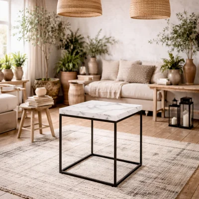 The Range Hazelmere Square Coffee Table - White Marble-Effect MDF Top, Matte Black Metal Legs - White
