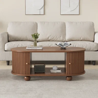 The Range Oval Coffee Table with 2 Sliding Doors and Hidden Storage - Oak