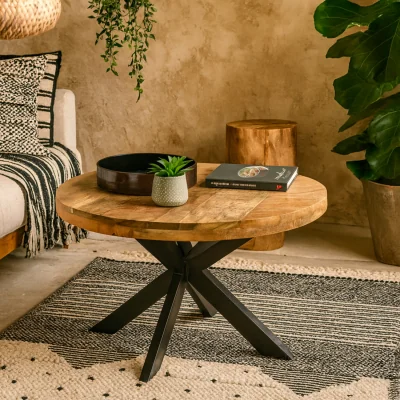 The Range London Round Mango Wood Coffee Table Industrial Metal Legs - Brown