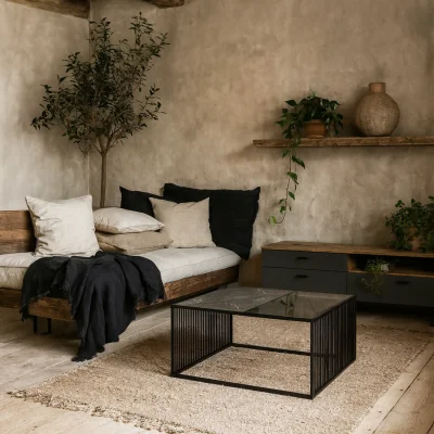 The Range Porto Square Coffee Table Metal Frame Stone Effect Glass Top - Black