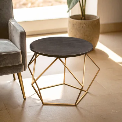 The Range Varana Round Marble Top Coffee Table With Gold Finish Frame - Black