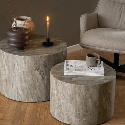 The Range Dice Round Coffee Table Set in Grey Marble - Grey