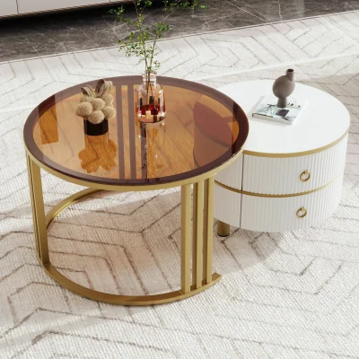 The Range Round Coffee Tables, Removable Set of 2 End Table with Gold Metal Frame Legs - White