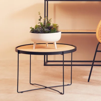 The Range Depok Rattan Round Coffee Table With Cross Metal Legs - Black