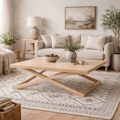 The Range Enniscorthy Large Blonde Veneer Coffee Table X frame Sage Matt Grain Finish - Blonde