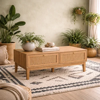 The Range Waterford Oak-Effect and Rattan Coffee Table, 2 Drawers, Natural Matt Finish - Natural