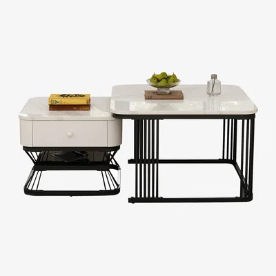 The Range Set of 2 Square Nesting Coffee Tables with Marble Effect Tops, Drawer, Storage Shelf, White - White+Black