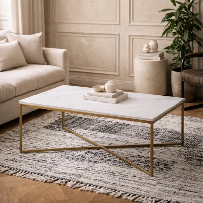 The Range Vodskov Coffee Table Marble Top Brass Metal Base - White