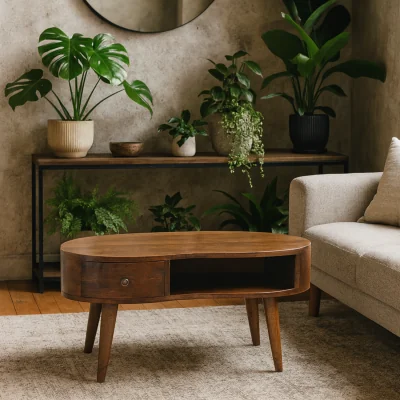 The Range Parma Oval Mango Wood Coffee Table Chestnut Matt Finish Drawer and Open Shelf - Brown