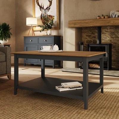 The Range Large Oak Coffee Table With Lower Shelf - Graphite Blue / Fixed Top