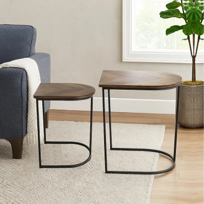 The Range Nest of 2 Metal Wood Chevron Side Coffee Tables Set - Black Brown