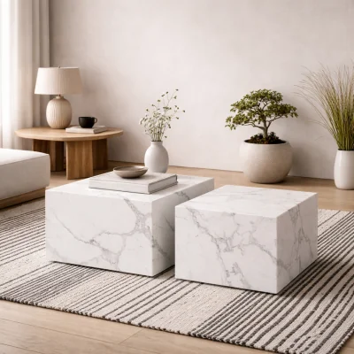 The Range Munkebo Set of 2 Square Coffee Tables Carrara Marble Effect Matt Finish - White