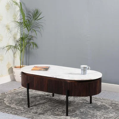 The Range Luxor Mango Wood Rectangular Fluted Coffee Table With Marble Top  Metal Legs - Brown
