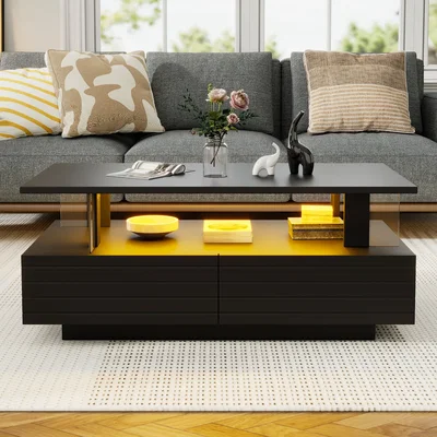 The Range Coffee Table with Open Storage, 2 Drawers and LED Lights - Black