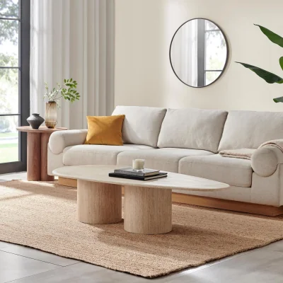 The Range Sutton Beige Travertine Stone Veneer Oval Coffee Table - Neutral