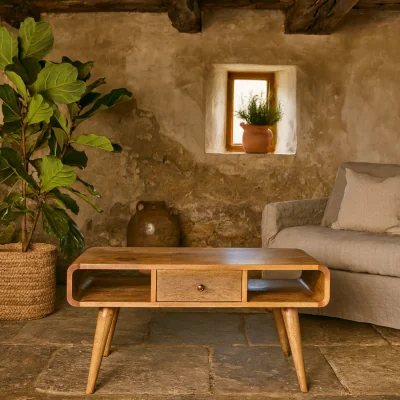 The Range Urbino Mango Wood Coffee Table Matt Look 2 Drawers and Open Shelves - Brown