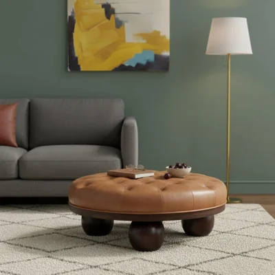 The Range Solid mango wood Sfera Coffee Table,leather tufted top - Brown