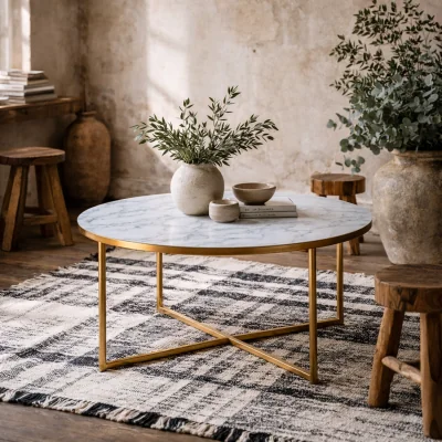The Range Vodskov 80cm Round Coffee Table - Frosted White Marble-Effect Glass Top, Gold Chrome Base - White