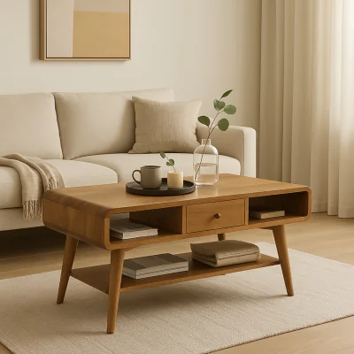 The Range Solid Wood Curved Oak-ish Coffee Table - Beige