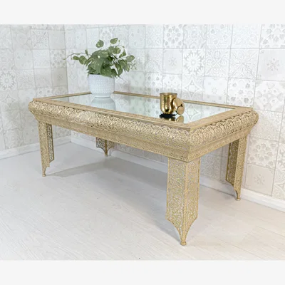 The Range Gold Embossed Metal Mirrored Glass Coffee Table - Agadir Range - Gold