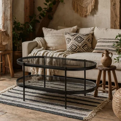 The Range Wyld Haus Featheroak Oval Coffee Table - Grey Smoked Glass Top, Matt Black Steel Base - Grey