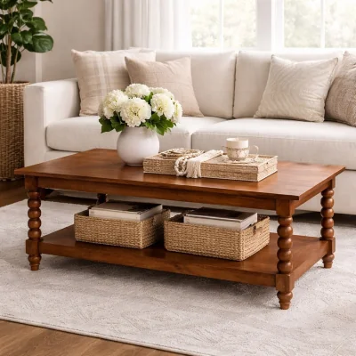 The Range Solid Wood Spindle Coffee Table with Open Shelf - Brown