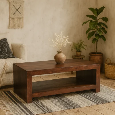 The Range Phuket Dark Mango Wood Rectangular Coffee Table with Lower Shelf - Brown