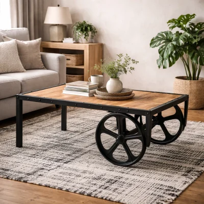 The Range Toivakka Reclaimed Hardwood and Iron Coffee Table with Wheels Matt - Brown