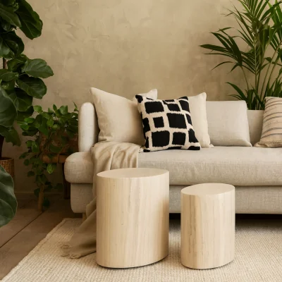 The Range Sendai Light Travertine Effect Oval Coffee Table Set - Natural