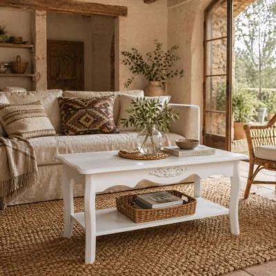 The Range Noketa Wooden White Rectangular Mid Century Coffee Table With Storage Shelf