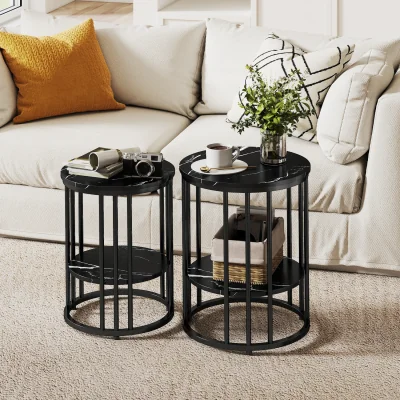 The Range HOMCOM Round Coffee Table Set of 2 with Storage Shelf - Black