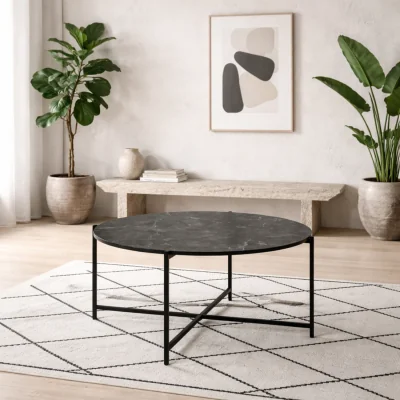 The Range Odense Round Coffee Table Matt Izmir Rough Resin Top Powder Coated Steel Legs - Black