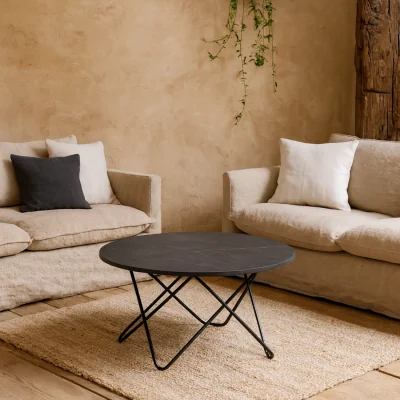 The Range Turin Round Coffee Table Marble Effect Top Geometric Matt Steel Base - Black