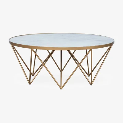 The Range Livorno 100cm White Marble-Effect Recycled Glass Coffee Table with Gold Metal Base - White
