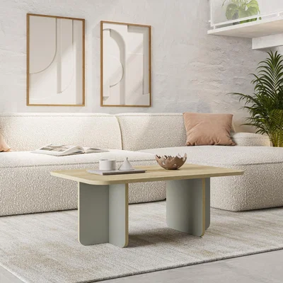The Range Modern Coffee Table with Rounded Corners, Thick Slab Legs - Oak, Ash Green