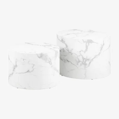 The Range Dice Round Coffee Table Set of 2 in White Marble and Carrara Rough Paper - White