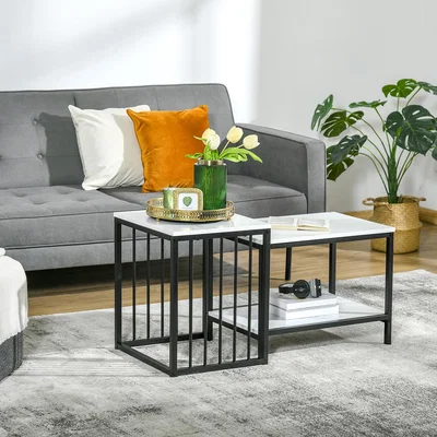 The Range Modern Coffee Table Set of Two, Marble-Effect Nesting Side Tables - White
