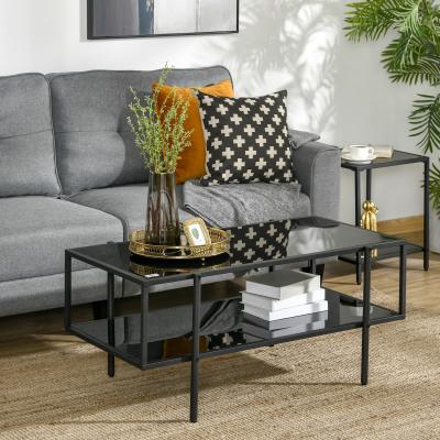 The Range Coffee Table with Tempered Glass Top, 2-Tier Storage - Black