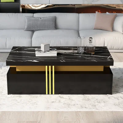 The Range Modern Black Rectangular Coffee Table with Marble Pattern Top and 2 Wooden Drawers - Black