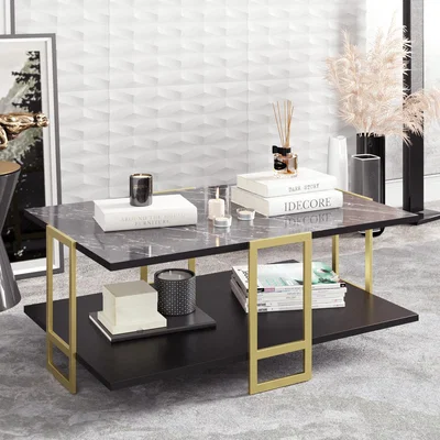 The Range Polkana 90cm Wide Modern Coffee Table Accent Table - Black Marble Effect