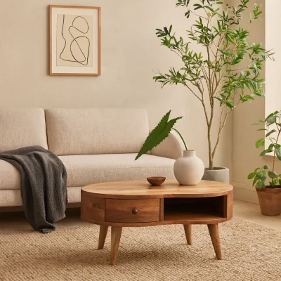 The Range Parma Oval Mango Wood Coffee Table with Drawer Chestnut Matt Finish - Brown
