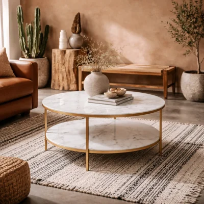 The Range Vodskov Round Coffee Table, White Marble-Effect Glass Top, Gold Chrome Legs - White